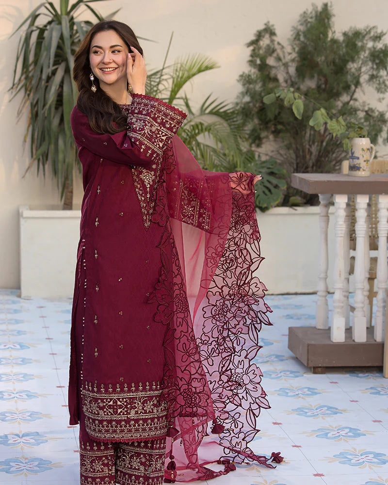 QALAMQAR-3PC DHANAK EMBROIDERED SHIRT WITH ORGANZA EMBROIDERED DUPATTA AND EMB TROUSER-PK-5663