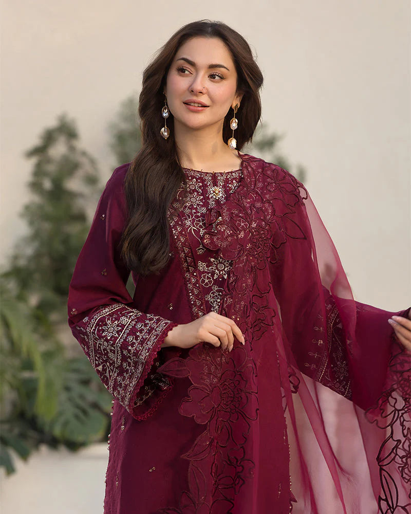 QALAMQAR-3PC DHANAK EMBROIDERED SHIRT WITH ORGANZA EMBROIDERED DUPATTA AND EMB TROUSER-PK-5663