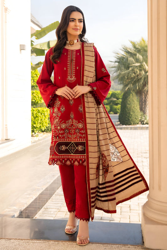 PULK-3PC DHANAK CUTWORK EMBROIDERED SHIRT WITH HEAVY CUTWORK EMBROIDERED JACQUARD WOOL SHAWL -PK-5534