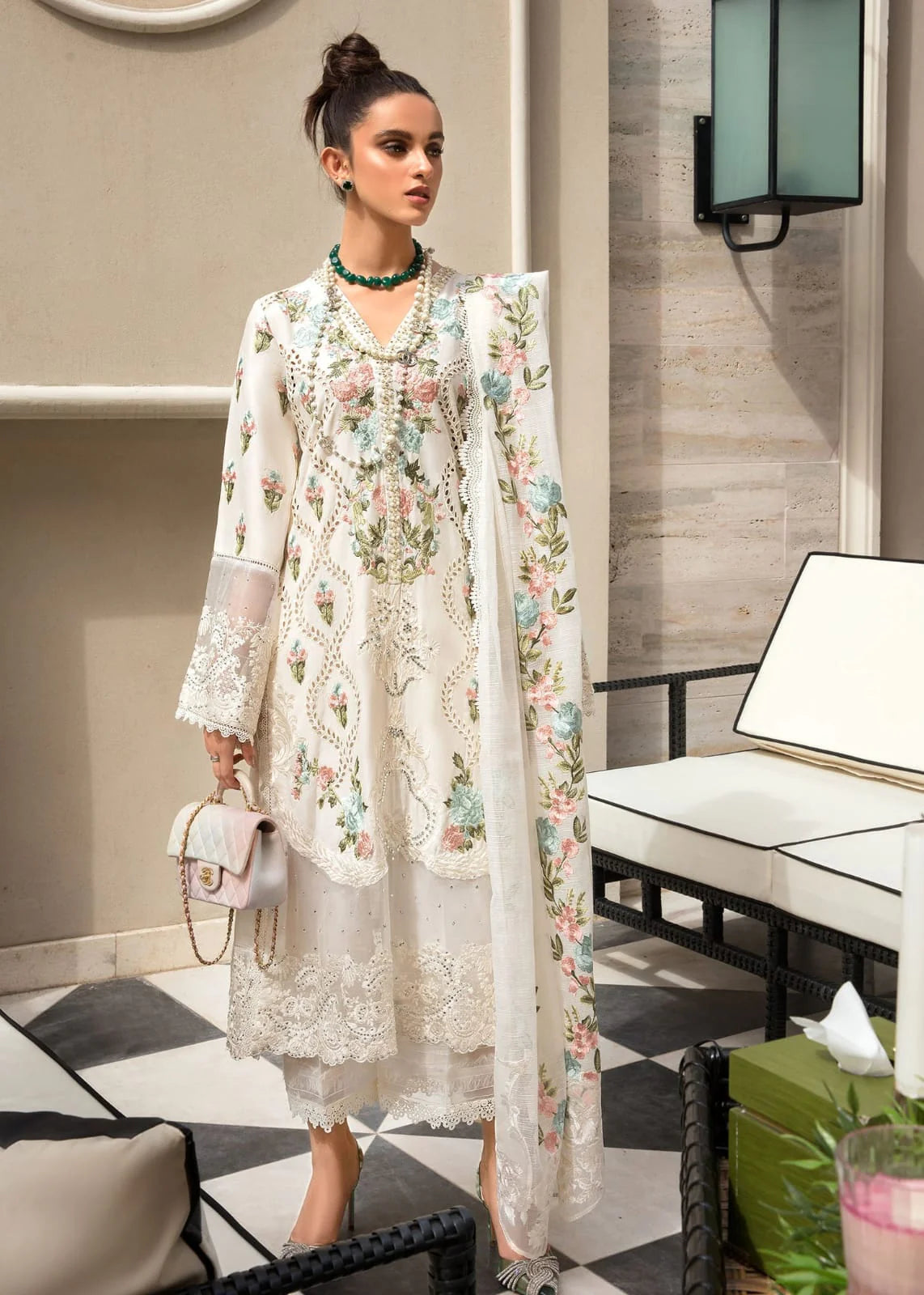 CRIMSON-3PC LAWN CHIKENKARI EMBROIDERED WITH CHIFFON EMBROIDERED DUPATTA & EMB TROUSER-PK-2645