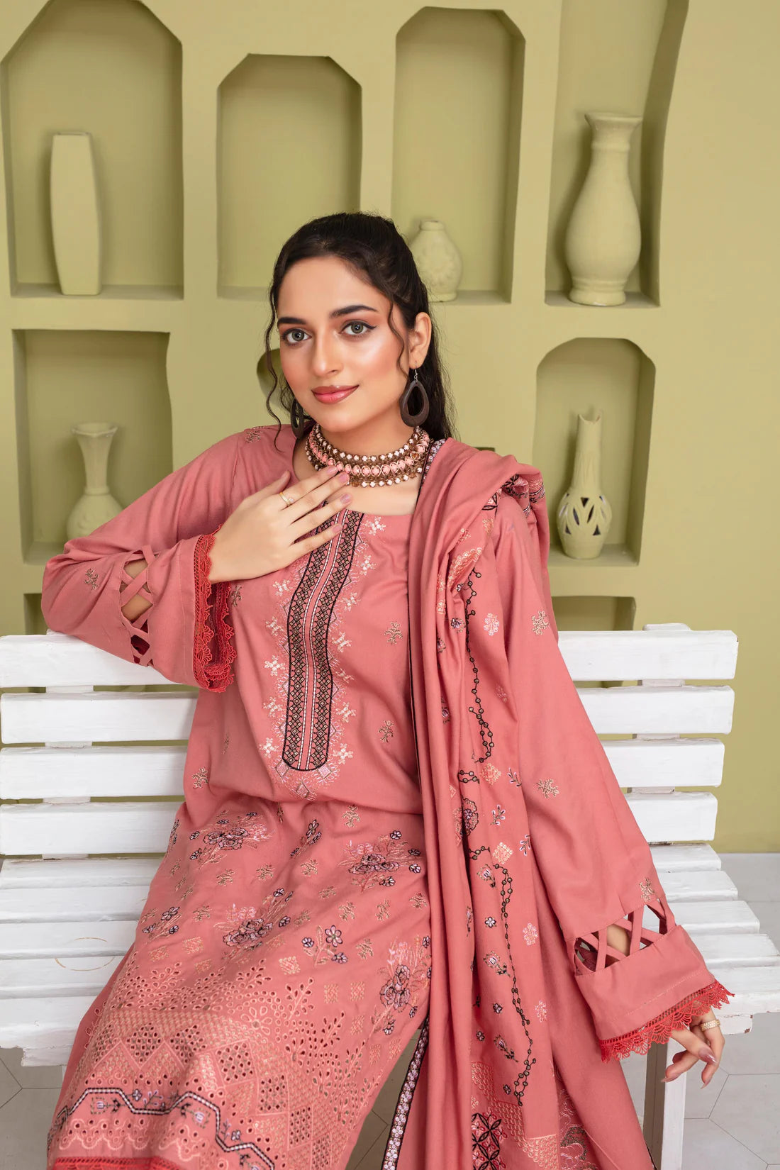 PULK-3PC DHANAK EMBROIDERED SHIRT WITH HEAVY CUTWORK EMBROIDERED DHANAK SHAWL AND TROUSER-PK-5477