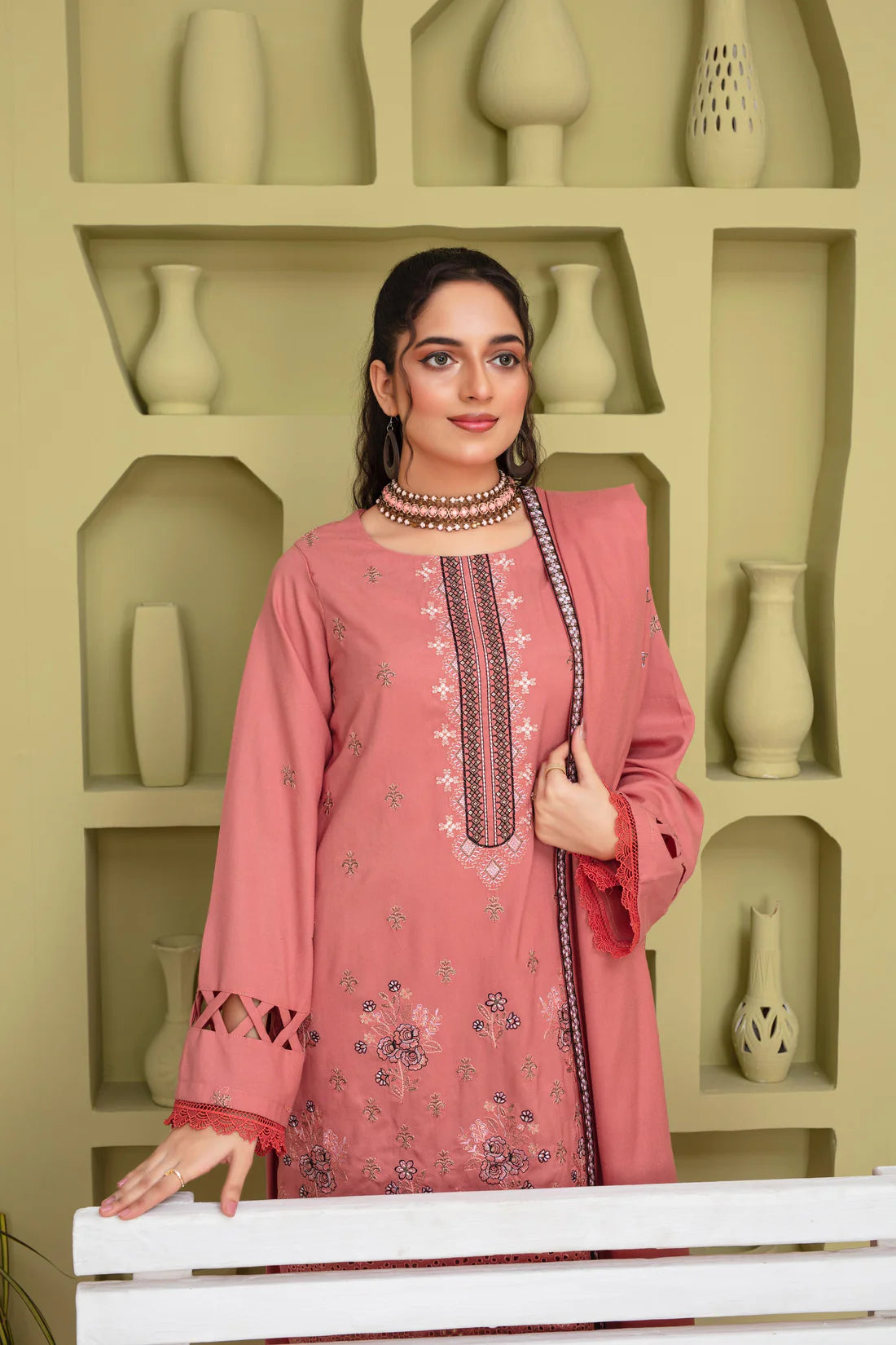 PULK-3PC DHANAK EMBROIDERED SHIRT WITH HEAVY CUTWORK EMBROIDERED DHANAK SHAWL AND TROUSER-PK-5477