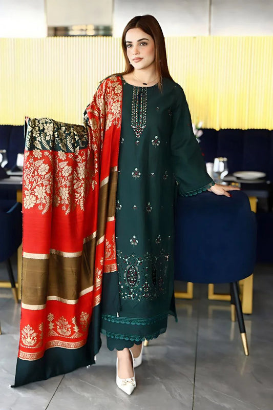 PULK-3PC KHADDAR CUTWORK EMBROIDERED SHIRT WITH KASHMIRI JACQUARD WOOL SHAWL-EP-5526