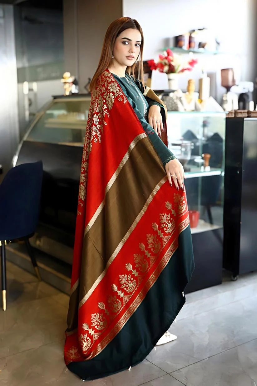 PULK-3PC KHADDAR CUTWORK EMBROIDERED SHIRT WITH KASHMIRI JACQUARD WOOL SHAWL-EP-5526