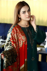 PULK-3PC KHADDAR CUTWORK EMBROIDERED SHIRT WITH KASHMIRI JACQUARD WOOL SHAWL-EP-5526