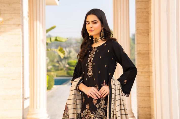 PULK-3PC DHANAK EMBROIDERED SHIRT WITH HEAVY CUTWORK EMBROIDERED JACQUARD WOOL SHAWL-PK-5532