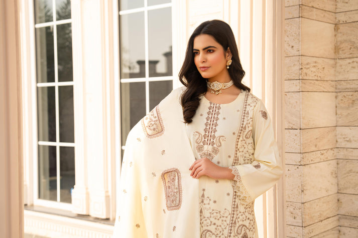 PULK-3PC DHANAK EMBROIDERED SHIRT WITH DHANAK HEAVY CUTWORK EMBROIDERED SHAWL-PK-5533