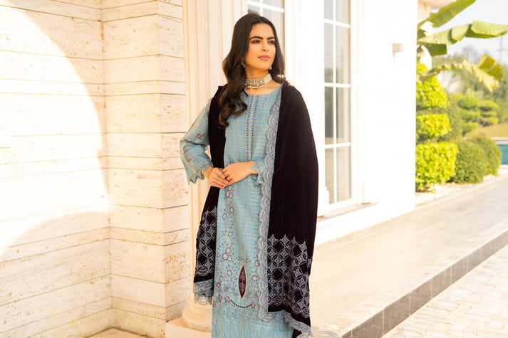 PULK-3PC KHADDAR EMBROIDERED SHIRT WITH VELVET EMBROIDERED READY TO WEAR SHAWL-PK-5529