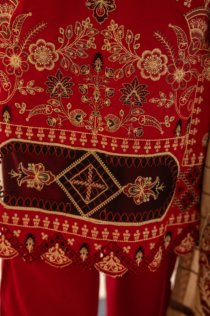 PULK-3PC DHANAK CUTWORK EMBROIDERED SHIRT WITH HEAVY CUTWORK EMBROIDERED JACQUARD WOOL SHAWL -PK-5534