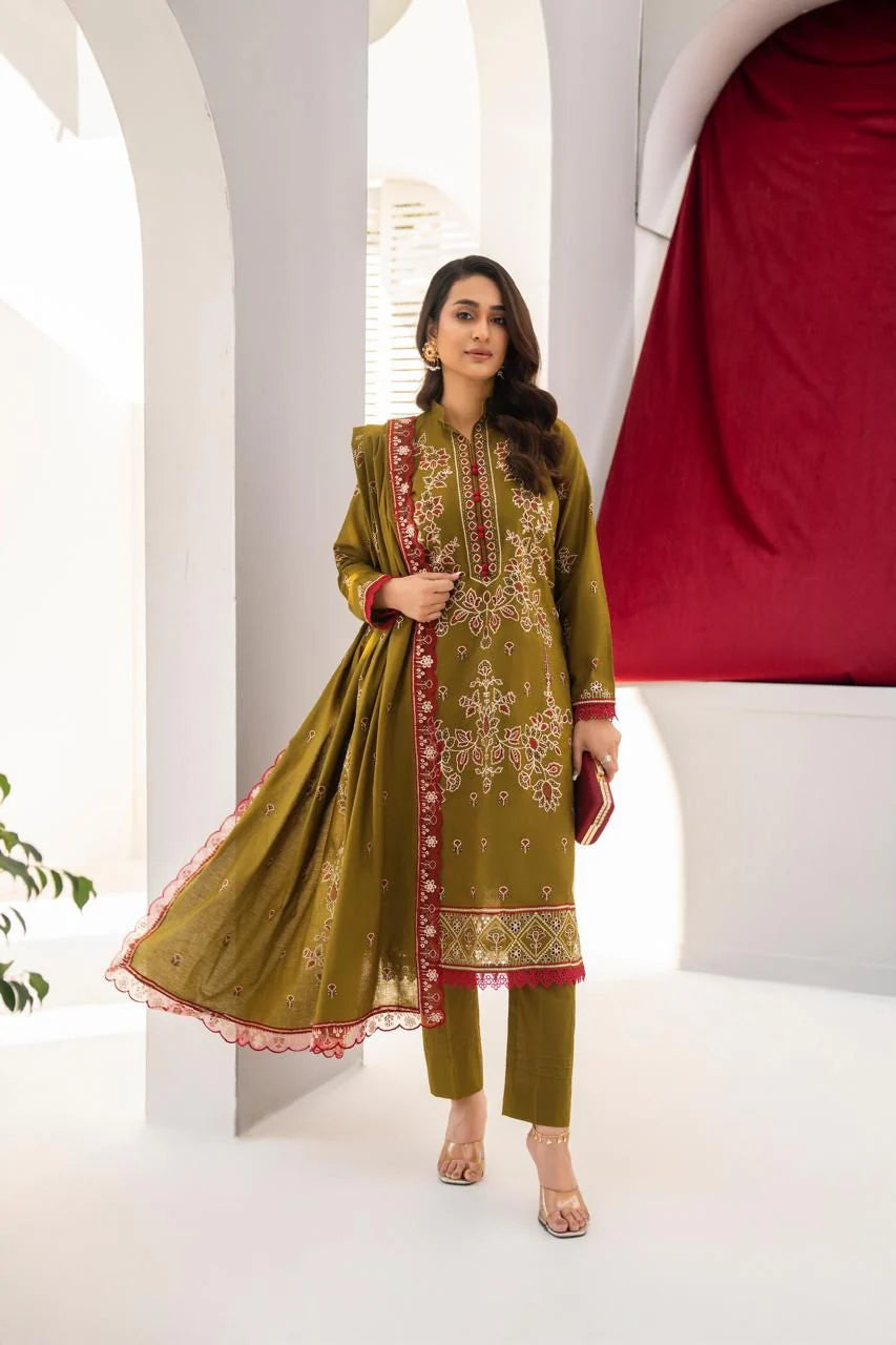 PULK-3PC LAWN EMBROIDERED SHIRT WITH LAWN EMBROIDERED READY TO WEAR DUPATTA-PK-5590