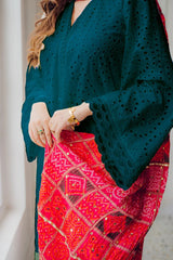 MARIA B-3PC CHIKANKAARI LAWN EMBROIDERED SHIRT WITH CHUNRI PRINT DUPATTA AND TROUSER-PK-5672