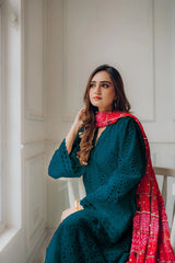 MARIA B-3PC CHIKANKAARI LAWN EMBROIDERED SHIRT WITH CHUNRI PRINT DUPATTA AND TROUSER-PK-5672