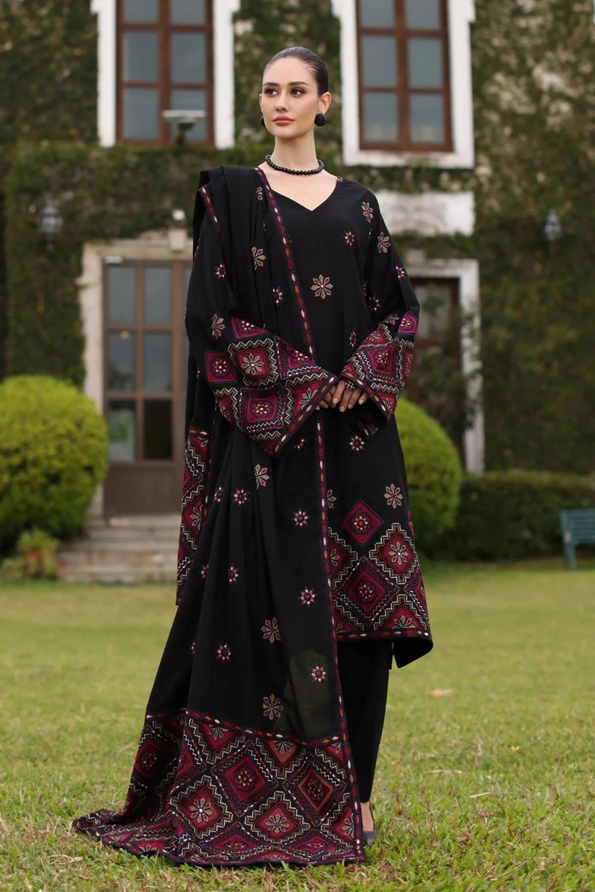 BAREEZE-UNSTITCHED 3PC KARANDI EMBROIDERED SUIT-PK-4398