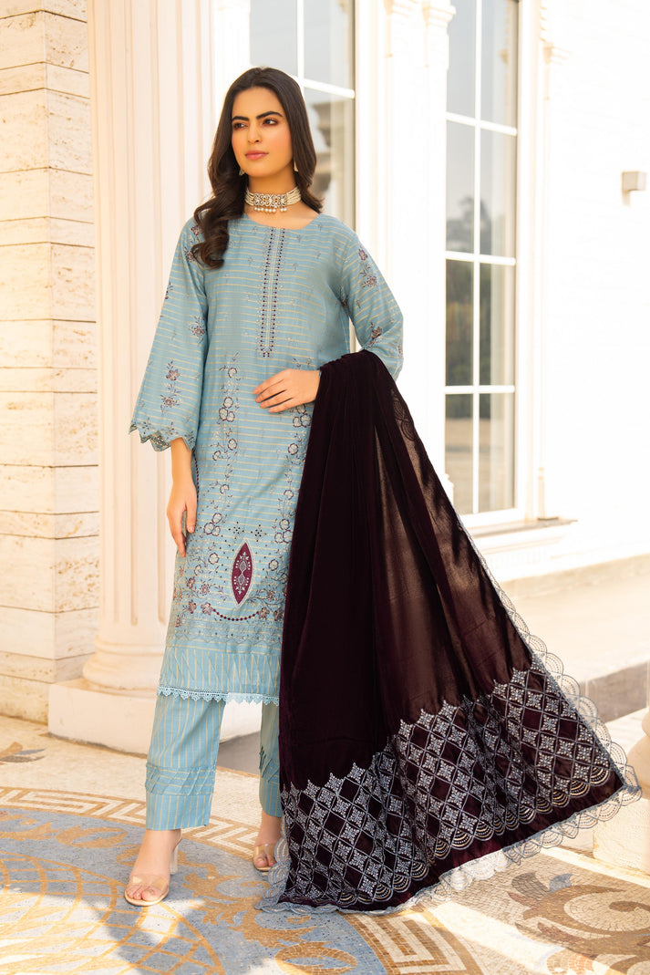PULK-3PC KHADDAR EMBROIDERED SHIRT WITH VELVET EMBROIDERED READY TO WEAR SHAWL-PK-5529