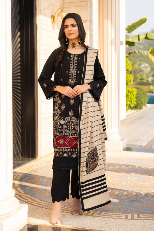 PULK-3PC DHANAK EMBROIDERED SHIRT WITH HEAVY CUTWORK EMBROIDERED JACQUARD WOOL SHAWL-PK-5532