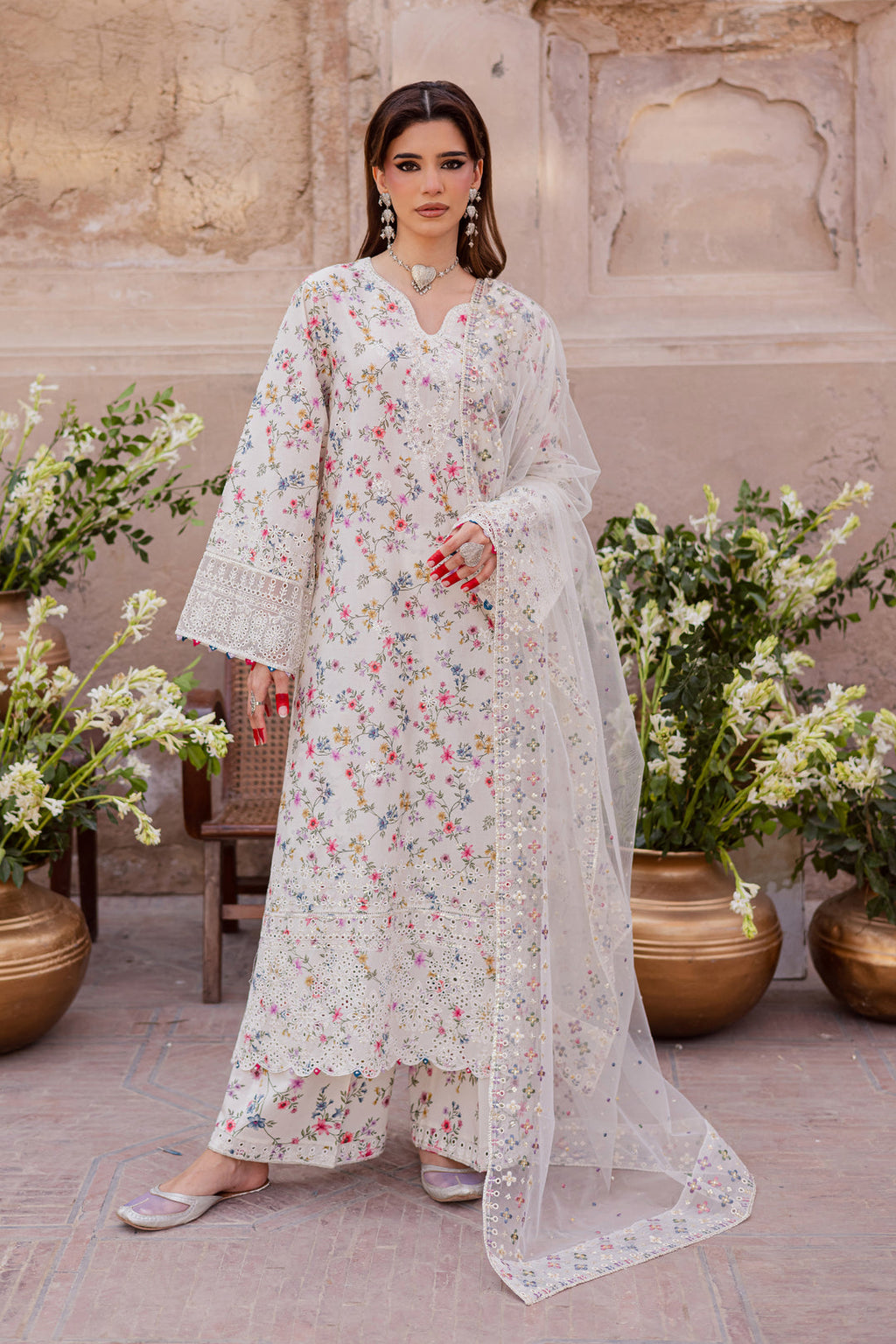 BATIK-3PC LAWN SCHIFFLI EMBROIDERED PRINTED SHIRT WITH ORGANZA EMBROIDERED DUPATTA AND PRINT TROUSER-PK-1210