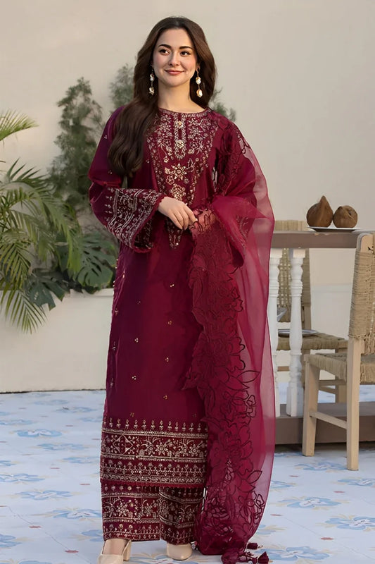 QALAMQAR-3PC DHANAK EMBROIDERED SHIRT WITH ORGANZA EMBROIDERED DUPATTA AND EMB TROUSER-PK-5663
