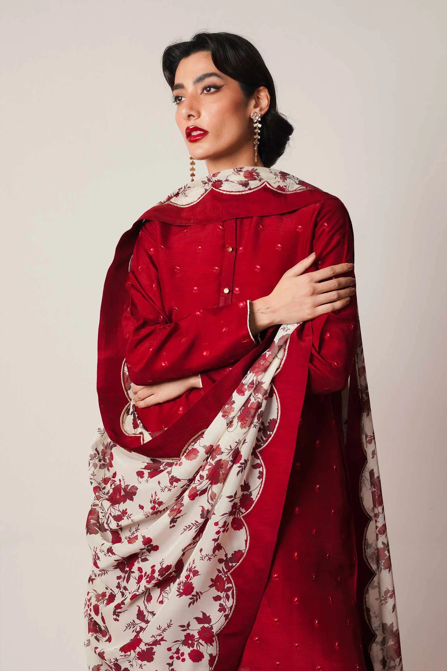 ZARA SHAHJAHAN - 3PC DHANAK EMBROIDERED SHIRT WITH KOTARAI PRINTED SHAWL AND DHANAK TROUSER- EP-5012
