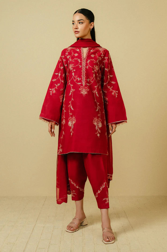 ZAHRA SHAHJAHAN - 3PC DHANAK EMBROIDERED SHIRT WITH CHIFFON EMBROIDERED DUPATTA & TROUSER-EP-5381
