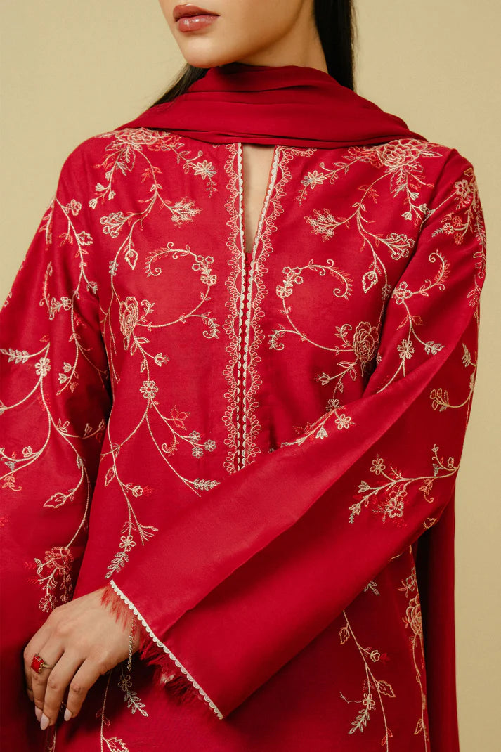 ZAHRA SHAHJAHAN - 3PC DHANAK EMBROIDERED SHIRT WITH CHIFFON EMBROIDERED DUPATTA & TROUSER-EP-5381