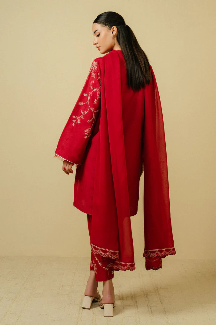 ZAHRA SHAHJAHAN - 3PC DHANAK EMBROIDERED SHIRT WITH CHIFFON EMBROIDERED DUPATTA & TROUSER-EP-5381