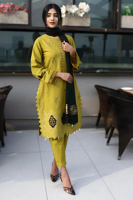 ELAAN-3PC KHADDAR CUTWORK EMBROIDERED SHIRT WITH KASHMIRI JACQUARD WOOL SHAWL-EP-5524