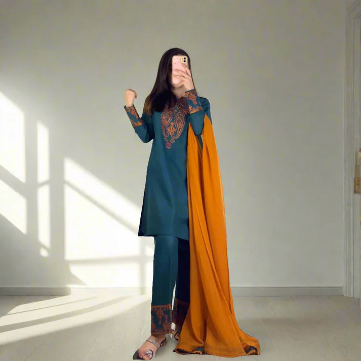 PULK-3PC DHANAK EMBROIDERED SHIRT WITH DHANAK SHAWL & EMB TROUSER-PK-5378