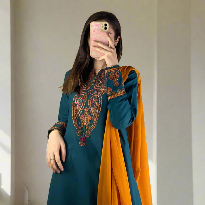 PULK-3PC DHANAK EMBROIDERED SHIRT WITH DHANAK SHAWL & EMB TROUSER-PK-5378