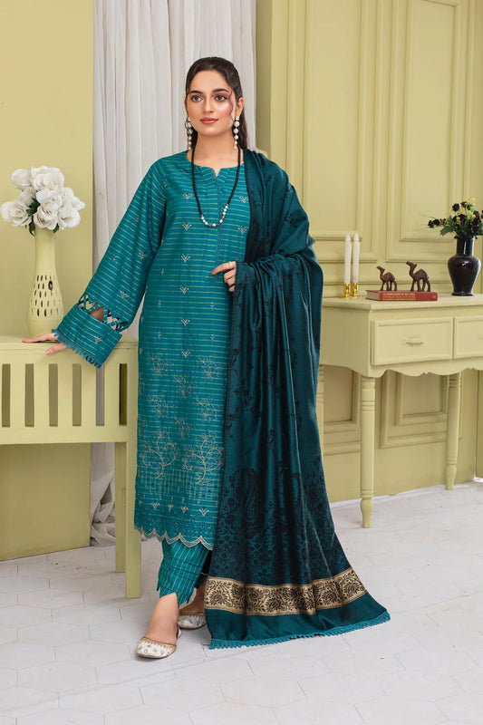 ELAAN.PK-3PC SLUB KHADAR CUTWORK EMBROIDERED SHIRT WITH JACQUARD WOOL SHAWL-EP-5480