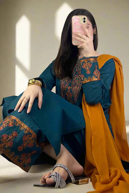PULK-3PC DHANAK EMBROIDERED SHIRT WITH DHANAK SHAWL & EMB TROUSER-PK-5378