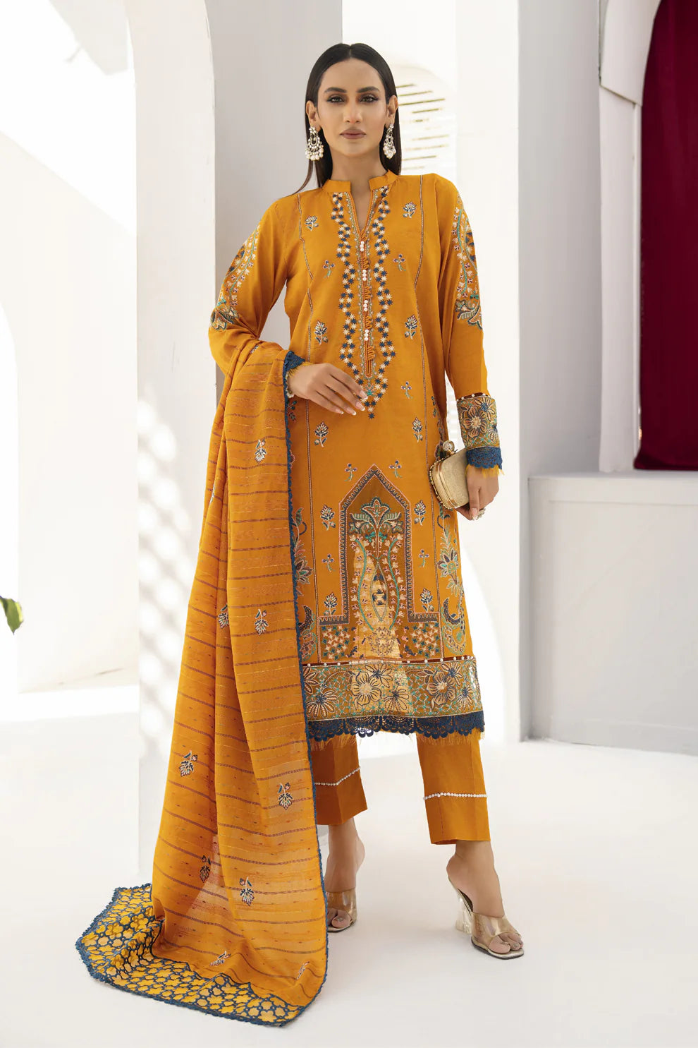 PULK-3PC LAWN EMBROIDERED SHIRT WITH LAWN EMBROIDERED READY TO WEAR DUPATTA-PK-5594