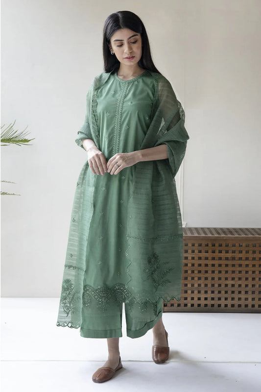 DYOT-3PC-LAWN EMBROIDERED SHIRT WITH ORGANZA EMBROIDERED DUPATTA & TROUSER-PK-2655