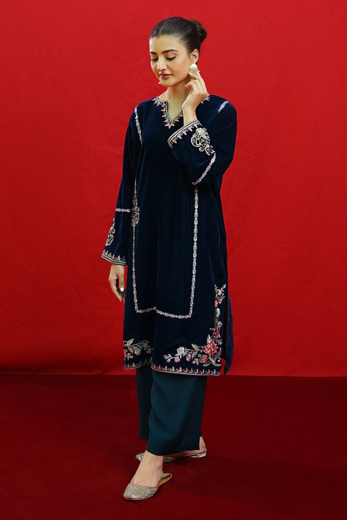 URGE -2PC Velvet Heavy Embroidered Shirt With Velvet Embroidered Sleeves-PK-D23