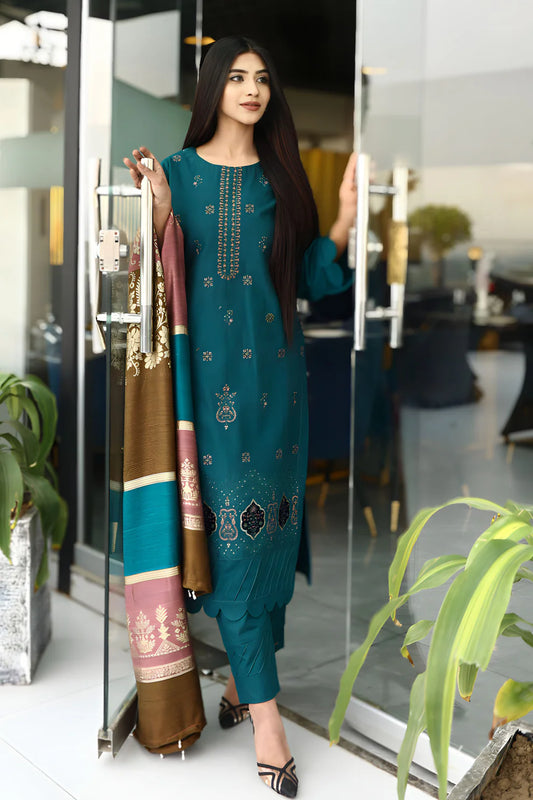 ELAAN.PK-3PC DHANAK CUTWORK EMBROIDERED SHIRT WITH KASHMIRI JACQUARD WOOL SHAWL-EP-5522