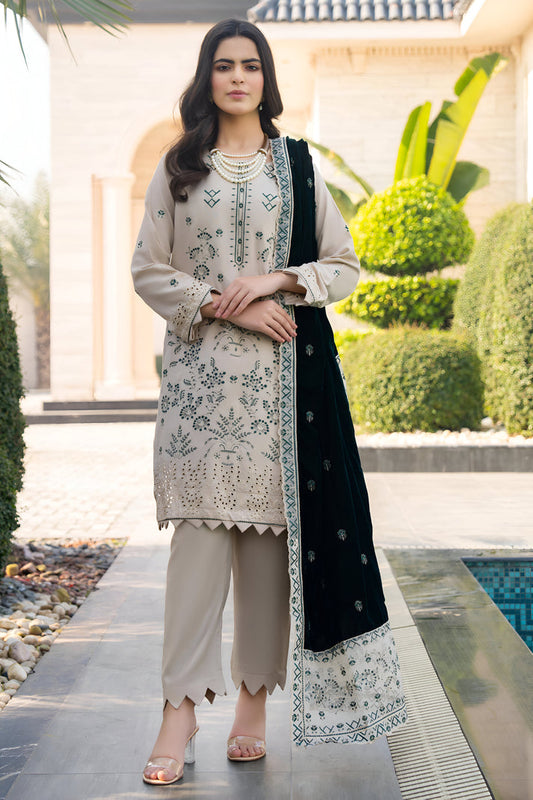 PULK-3PC DHANAK EMBROIDERED SHIRT WITH VELVET EMBROIDERED READY TO WEAR SHAWL-PK-5531