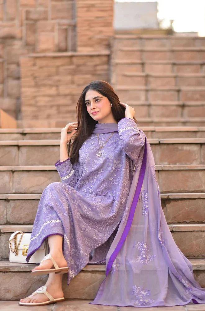 BAREEZE- UNSTITCHED 3PC DHANAK EMBROIDERED SUIT-PK-5756