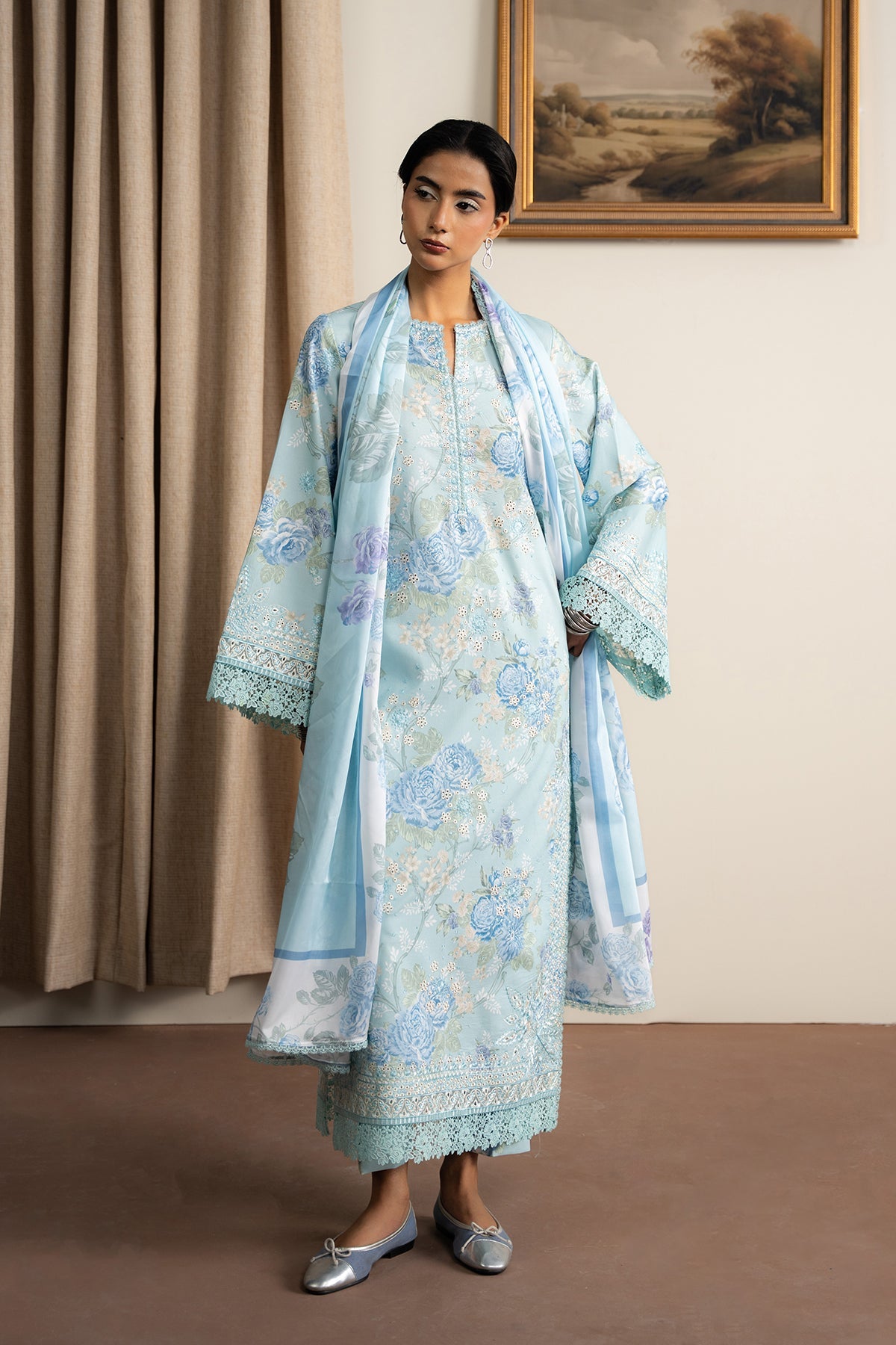 AYZEL-UNSTITCHED 3PC LAWN PRINTED EMB SUIT-PK-043