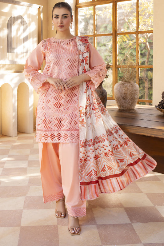 MIRAKHI-3PC LAWN LASERCUT CHIKANKARI EMBROIDERED SHIRT WITH MOARK PRINT DUPATTA-PK-VOL-3