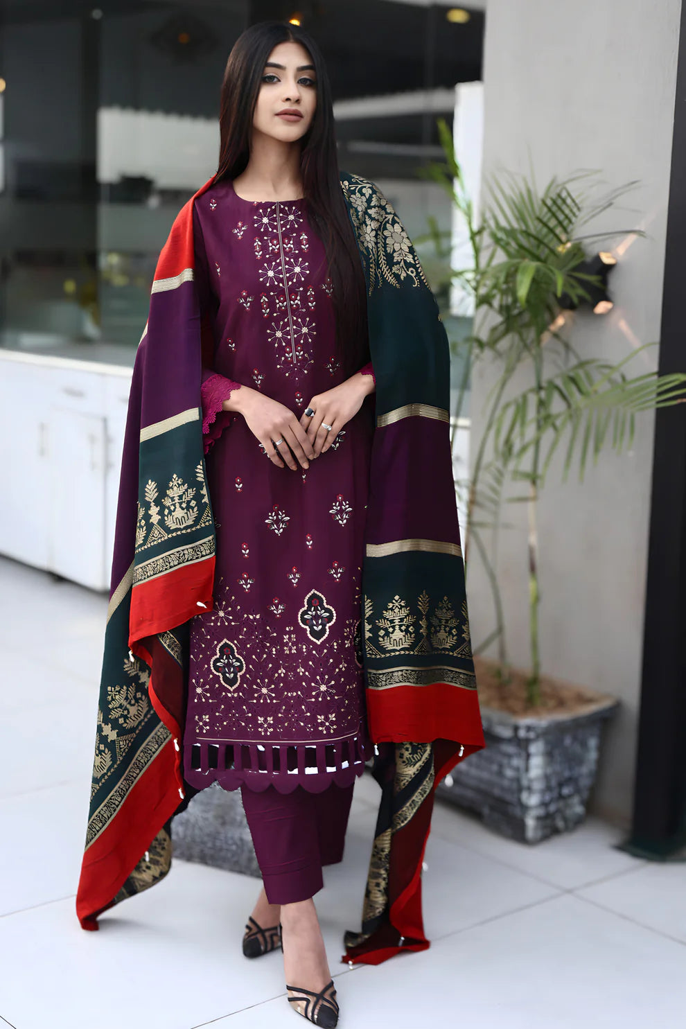 ELAAN-3PC DHANAK CUTWORK EMBROIDERED SHIRT WITH KASHMIRI JACQUARD WOOL SHAWL-EP-5523